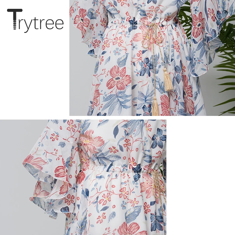 Trytree летнее осеннее платье женское Повседневное платье с v-образным вырезом с завязками на талии платье с рукавом-бабочкой выше колена пляжное стильное платье