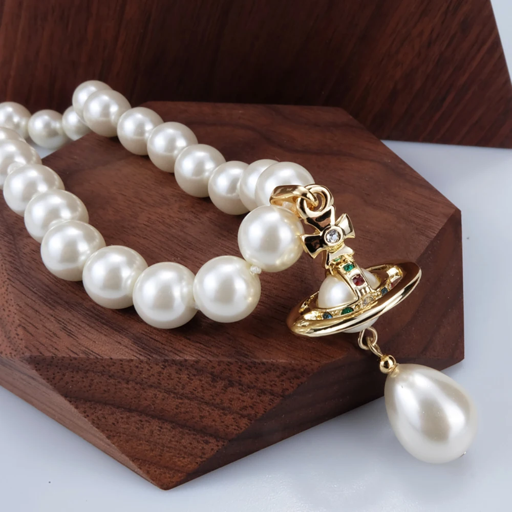

XIAOJINGLING 1Row Gold Silver Cross Saturn Pendant Imitated Pearl Beads Water Drop Dangle Necklace Women Girl's Planet Choker