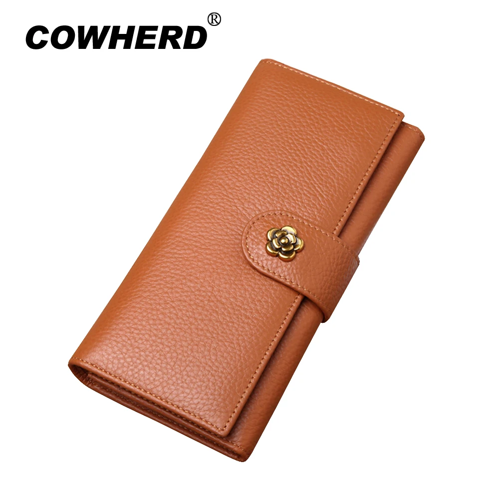 

Elegant Purse Genuine Cow Leather Women Fashion Flower Hasp Clutch Wallets Lady Card Holder Bag Long Cartera Mujer