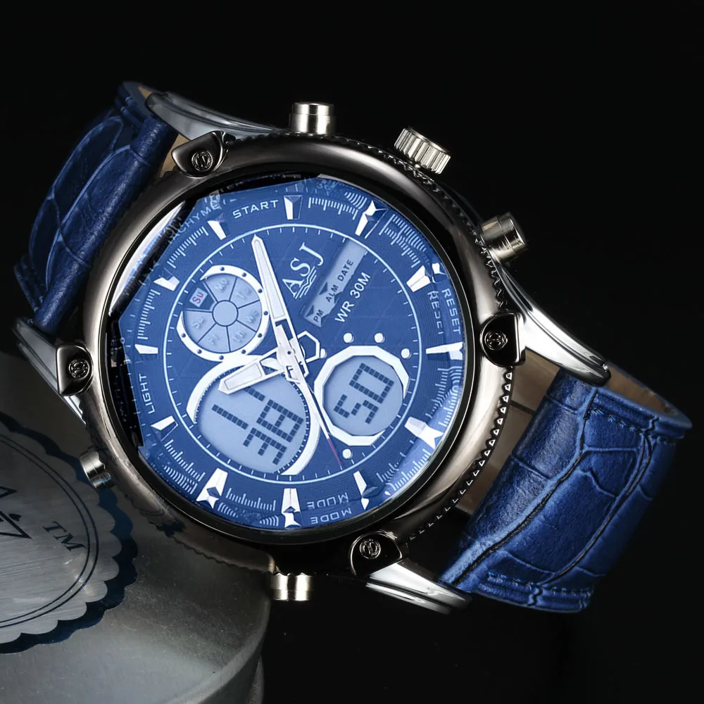 

ASJ Stylish Sport Waterproof Double Movement Quartz Digital Multi-Function LED Clock Army Leather Strap Men Military Wrist Watch