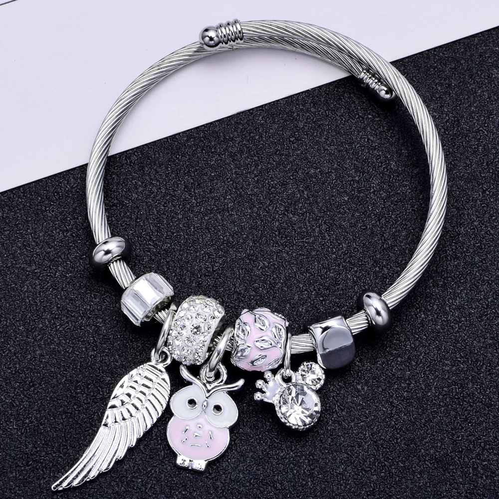 Owl always love you charm bracelet Stainless steel expandable bangle
