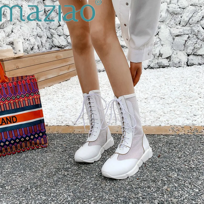 

Summer Shoes Women Black White Round Toe Ankle Boots Woman Lace-Up Flat with Boots Mesh Rome Style 2019 Sport Sandals MAZIAO