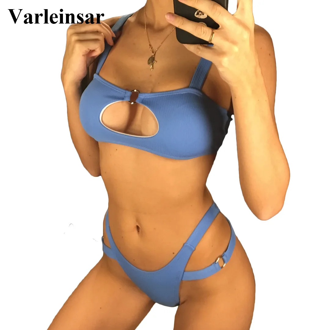 

2019 Sexy Ribbed Brazilian Bikini Women Swimwear Female Swimsuit Two-pieces Bikini set Cut Out Bather Bathing Suit Swim V1082