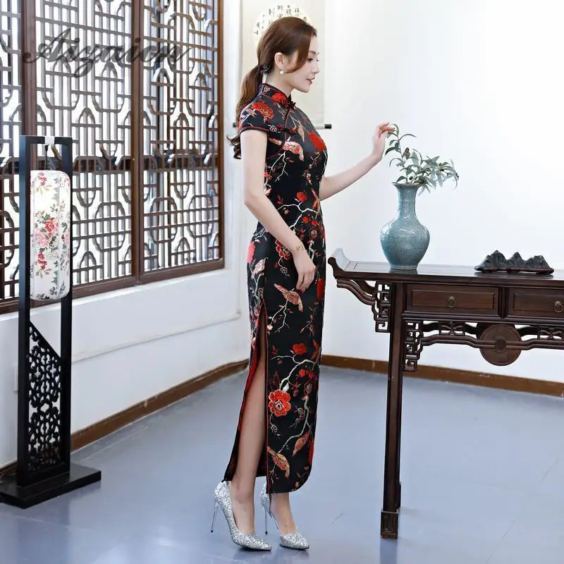 Восточный стиль ретро длинный Cheongsam черный Chinoise тонкий Qi Pao для женщин Китайская традиционная одежда платье Ципао Женская Роба в восточном