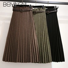 Beiyingni плиссированные юбки для женщин модные пояса Винтаж Высокая талия Saias женский сплошной цвет Винтаж Falda миди офисные женские юбки
