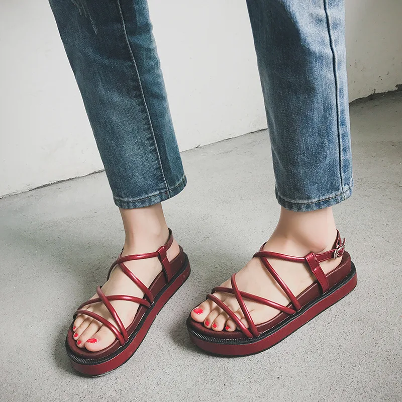 

Peep Toe Flat Front Rear Strap Flat With Platform Sandals Women Cross-tied Solid Ladies Shoes Buckle Strap Casual Basic Sandals