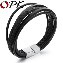 OPK Pulseras de Múltiples Capas de la Cuerda de Cadena de Cuero Genuino del Hombre del Diseño Clásico Simple de Joyería de Los Hombres Con la Hebilla Del Imán PH1094
