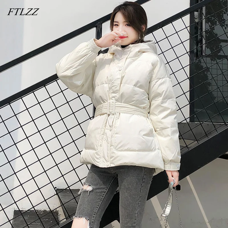 

FTLZZ Women White Duck Down Jackets Winter 90% Ultra Light Down Coat Slim Hooded With Belt Parka Female Warm Snow Outwear