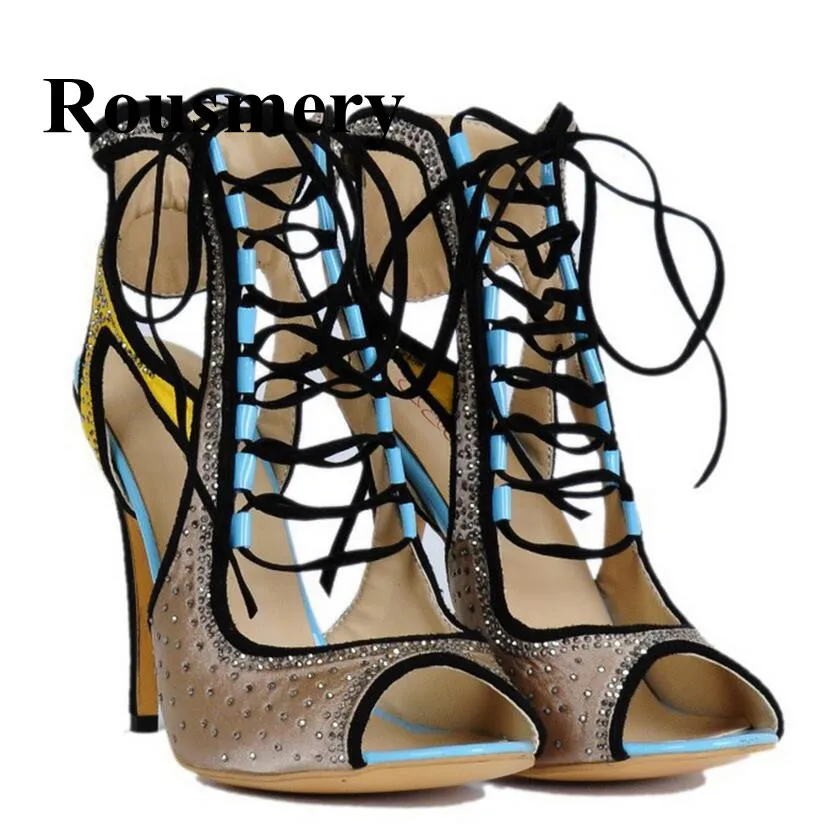 

Newest Rome Style Mixed Colors Crystal Flock Lace Up Peep Toe Fashion Sexy Thin High Heel Summer Women Sandals