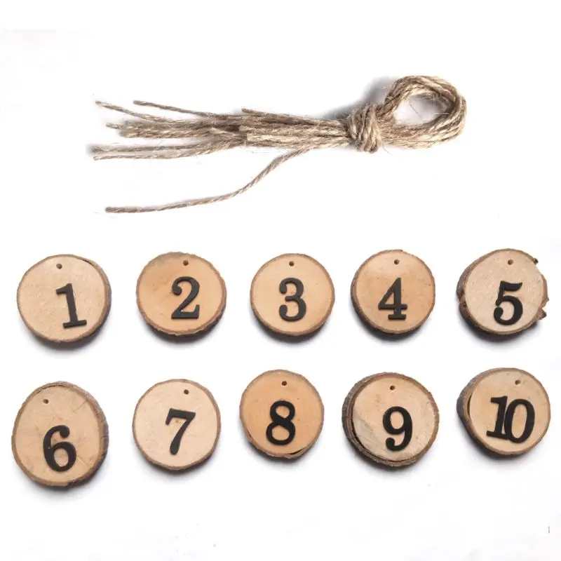 

10pcs 1-10 Wooden Numbers Cards Slice Round Table Seat Centerpieces Hanging Signs Wedding Party Craft