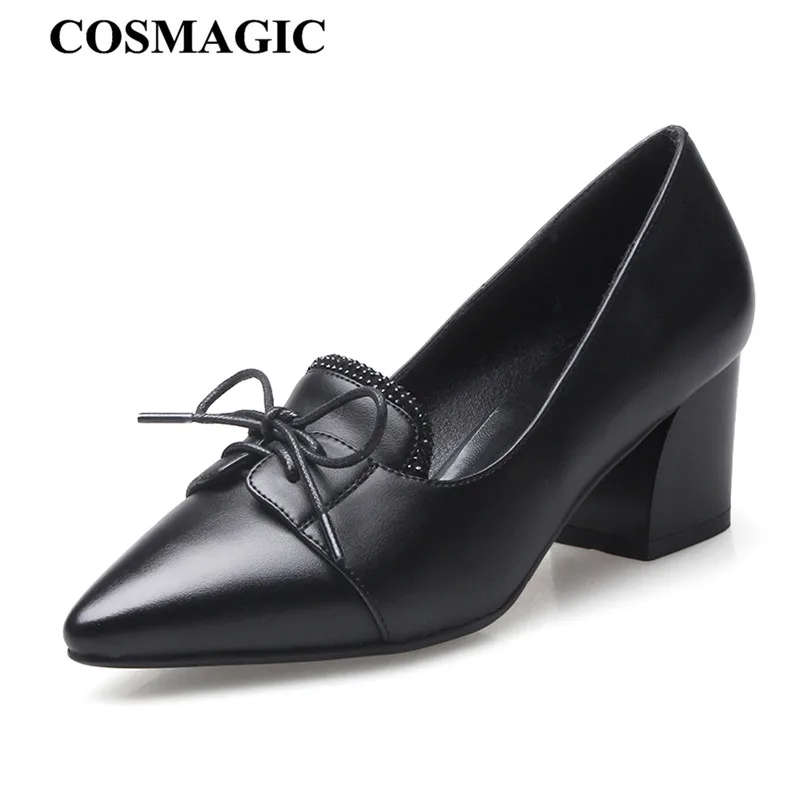 

Fashion OL Women Pumps 2018 New Spring Pointed Toe Lace Up Square Heel Solid Med Heel Shoe Plus Size