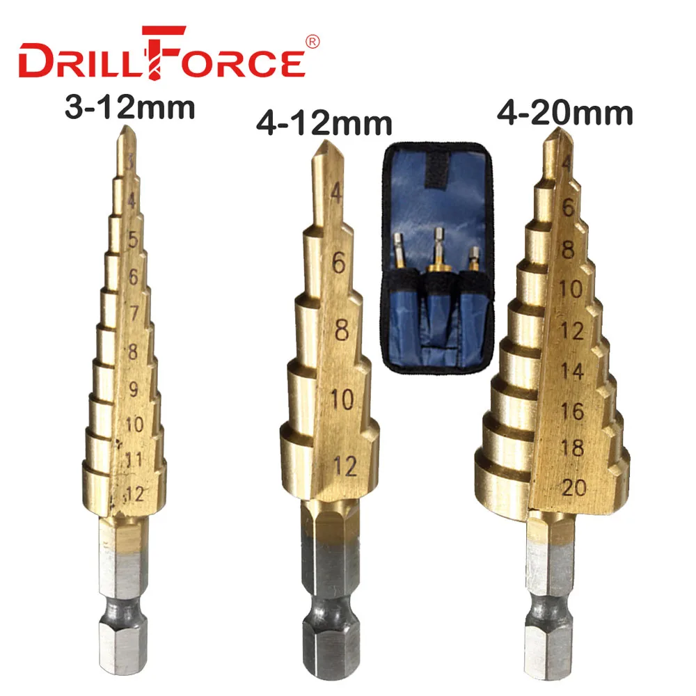 Drillforce 3 шт. HSS шаг конус сверла набор дыра резак метрических на возраст от 4 до 12 лет/20/32 мм 1/" шестигранный хвостовик Титан металлическое ступенчатое сверло - Цвет: 3PCS(4-12 3-12 4-20)