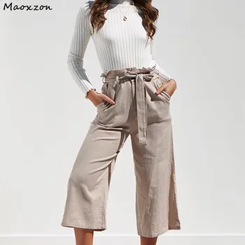 

Maoxzon Womens Fashion High Waist Bandage Wide Leg Pants For Female Spring Summer Black Casual Cotton Linen Loose Trousers XL