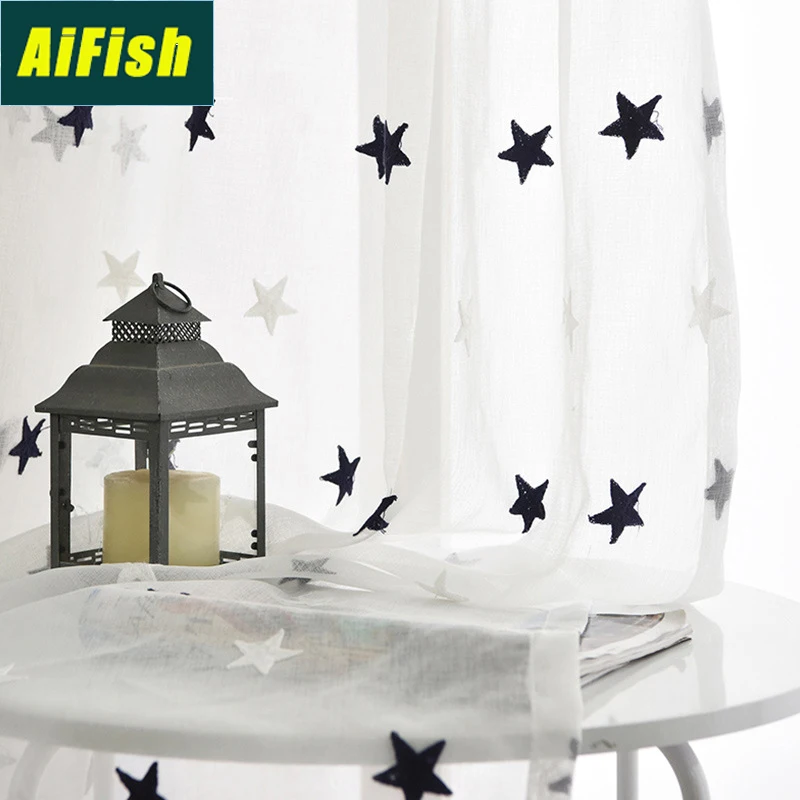 Grey Navy Blue Stars Embroidered Sheer Voile Curtains for Living Room