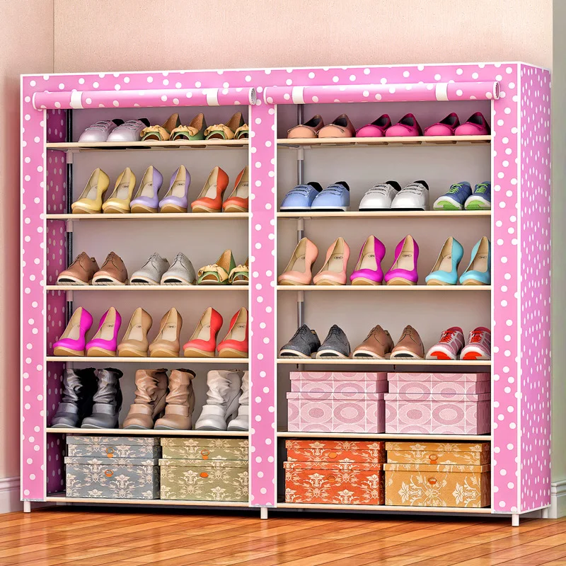 Simple Double Row Shoe Cabinet Thicken Non-woven Damp-proof Steel Pipe Storage Furniture Assembled Living Room Shoe Organizer