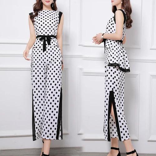 

Sleeveless Chiffon Polka Dot Two Piece Set Loose Plus Size Wide Leg Pants Patchwork Suit Women Blazer Sets Elegant 2 Sets Woman