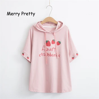 

Merry Pretty Women Hooded Sweatshirt Sweet Girl Cartoon Strawberry Print Cute Pulovers 2019 Summer Short Sleeve Harajuku Hoodies