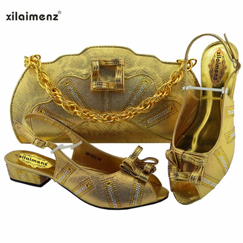 

High Quality African Ladies Shoe and Bag to Match in Gold Color Low Heels 2019 Special Style Sandals for Wedding Party