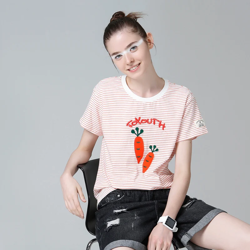 Toyouth Футболка с принтом короткий рукав с круглым вырезом хлопковые футболки женские футболки летняя футболка в полоску с рисунком, футболка, топы
