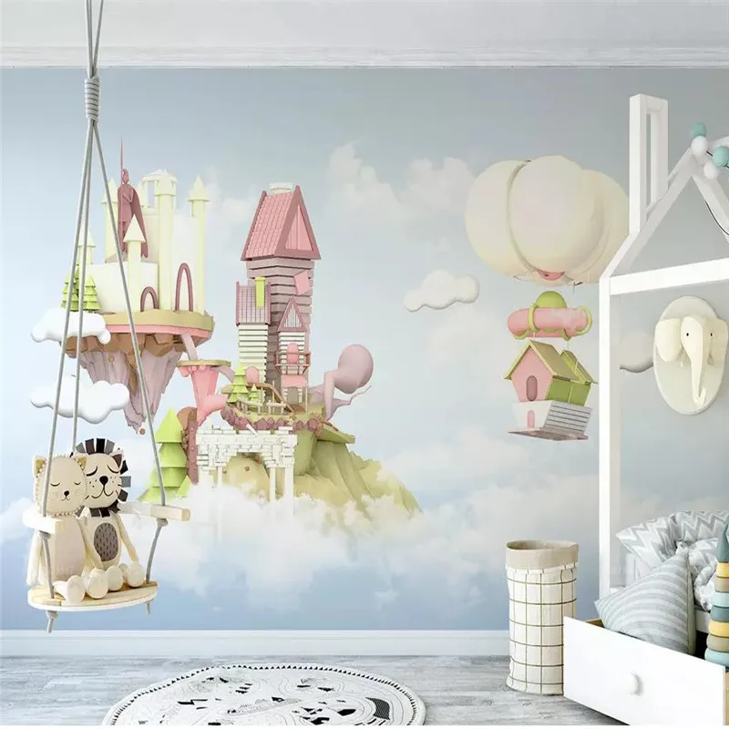 

Custom murals 3D castle hot air balloon fantasy 3d blue sky white clouds children room background wall covering wallpaper mural