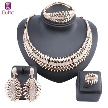 

Exquisite Dubai Gold Crystal Jewelry Set Brand Nigerian Wedding Woman Accessories Statement Necklace Earring Jewelry Set