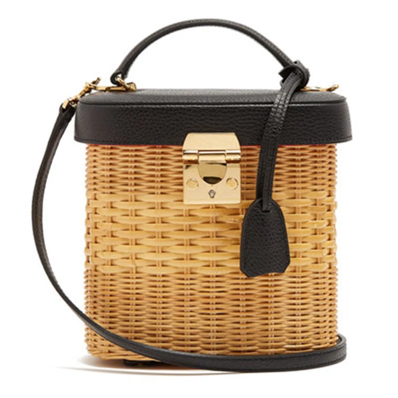 

Women's rattan handbag luxury Bucket Messenger bag genuine leather handmade rattan weaving 2019 new summer beach bags for women
