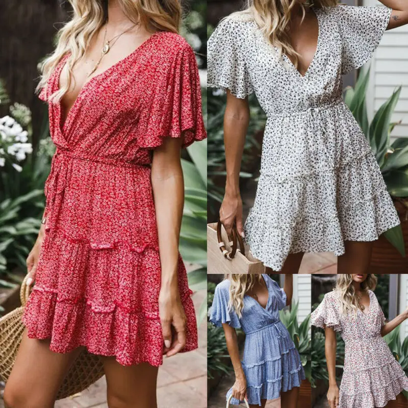 

Summer Boho Floral Dress Women Sexy V Neck Flare Sleeve Floral Mini Short Dress Ruffles Elegant Feme Fashionable Dress