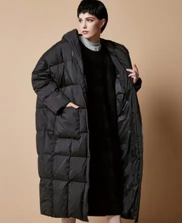 Зимнее пуховое пальто, 90% белый утиный пух, уплотненная теплая женская зимняя парка, женская уличная длинная куртка свободного кроя - Цвет: Black