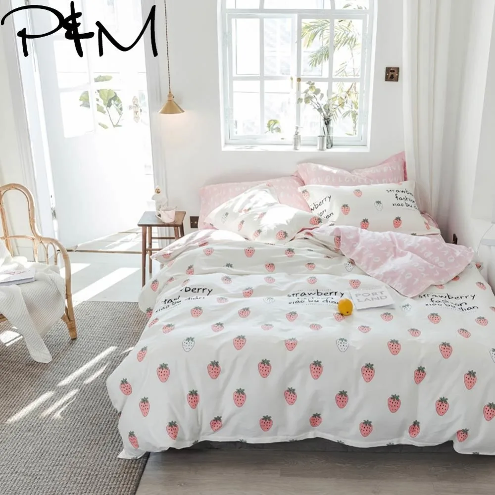 

PAPA&MIMA Cartoon style Strawberry farm print bedding sets cotton Twin Single Queen Size duvet cover bedsheet pillowcases