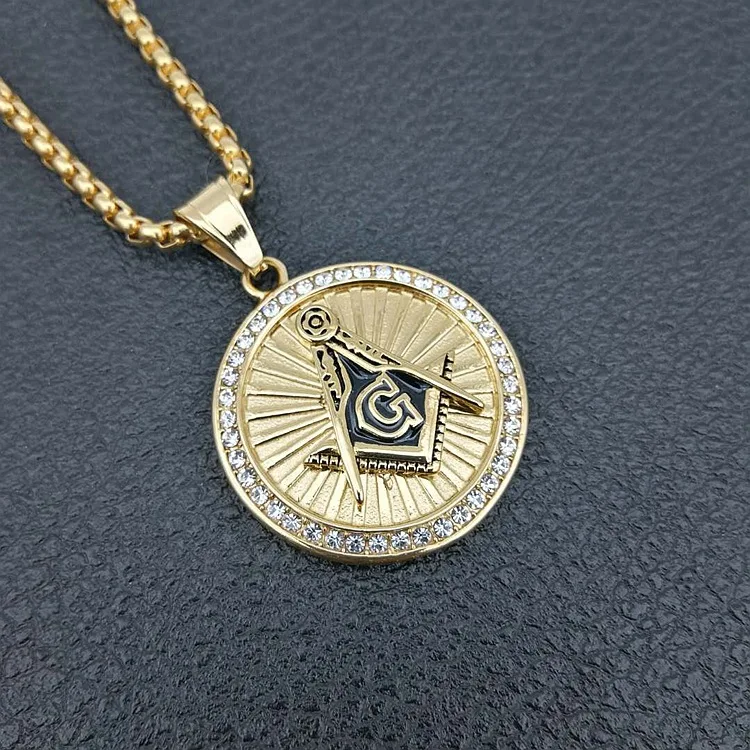

Hip hop round Masonic Rays zircon Pendant for Men Necklace Gold Color Stainless Steel 24" Box Chain Freemason Male Punk Jewellry