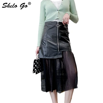 

Streetwear Leather Skirt Womens Summer Front Zip Spliced Pleasted Mesh sheepskin genuine leather Skirt Sexy Female Long Skirts