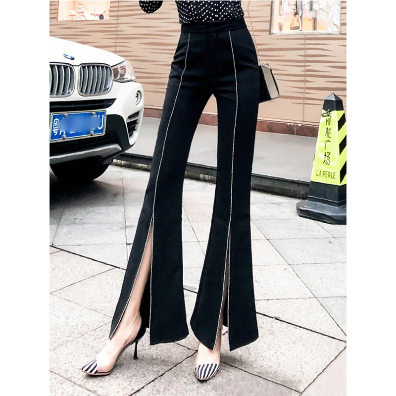 Корейский стиль элегантный женский высокий уличный универсальный сплошной цвет черный и белый расклешенные брюки с разрезом бисером брюки