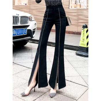 

2019 Korean Style Elegant Women High Street All-match Solid Color Black & White Flare Pants Beading Slit Trousers