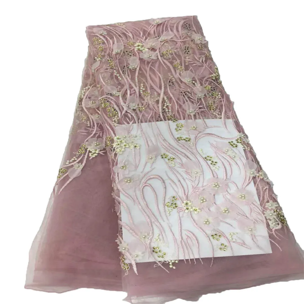 

Fancy 3D flowers lace fabric with stone in fashionable style French beaded lace fabric for elegant dress A713-1