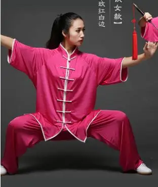 Китайский костюм кунг-фу тайцзи, Костюм тайцзи, униформа для боевых действий, ушу Шао лин, мужская и женская одежда, утренние тренировочные костюмы - Цвет: Rose Red White Edge