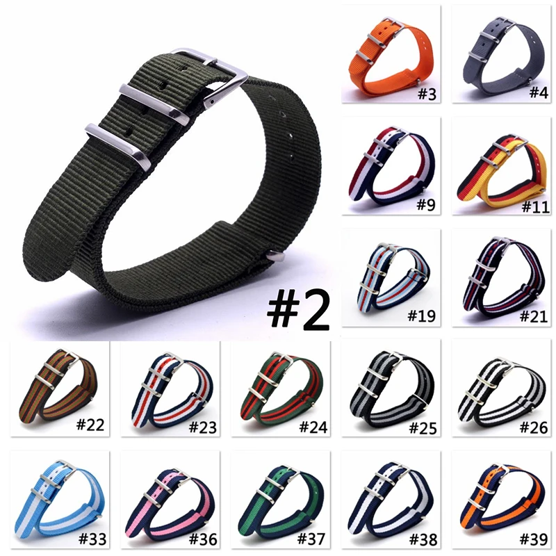 

100pcs Hot Activity Top Quality 16mm 18mm 20mm 22mm 24mm Navy White Black Blue Colorful NATO Waterproof Nylon Strap Watch Band