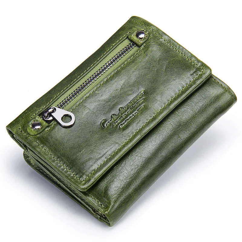 Женские короткие кошельки, Женский кошелек из натуральной кожи, модный кошелек на молнии для монет, держатель для карт, тройная сумка для денег - Цвет: Green