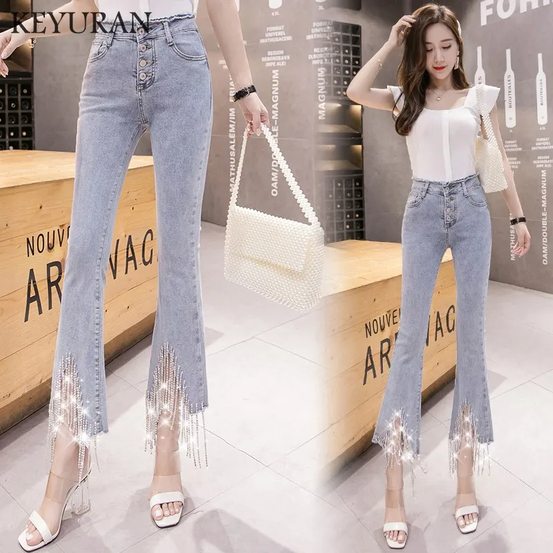 

2019 Ladies Boyfriend High Waist Rhinestone Chains Tassel Flare Jeans For Women Denim Skinny Jeans Woman Female Wide Leg Pants