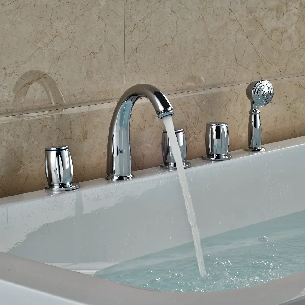 

Chrome Polish Tub Faucet 5pcs Three Handles With Hand Shower Deck Mounted
