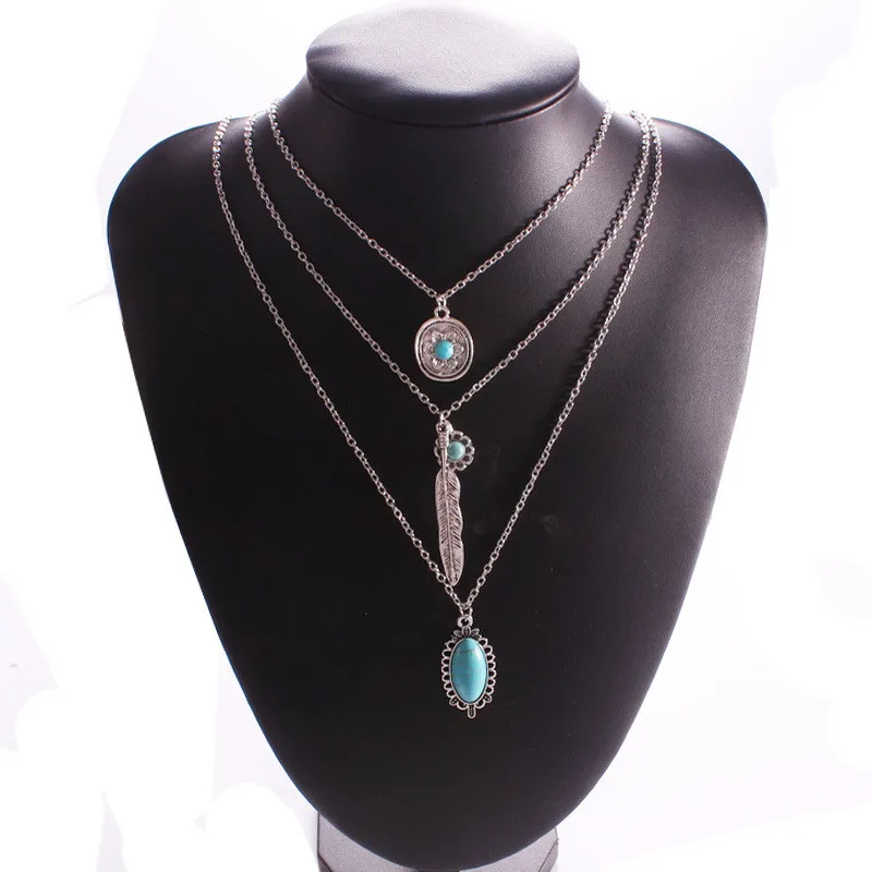 

M MISM Women Vintage Trendy Necklaces Neck Accessories Boho Leave Pendant Multilayer Green Jewelry Chain Necklace
