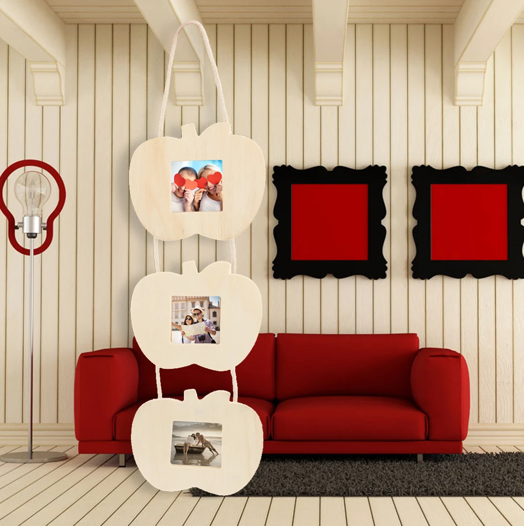 Wooden DIY Apple Shape Hanging Photo Frame Home Art Decor Gifts Modern Imitation Wood Color Photo Frame For Family Pictures 