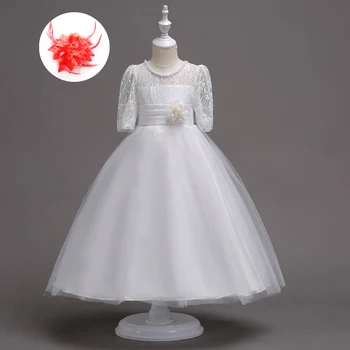 

Lace Sleeve Beaded Neck Children Princess Evening Dresses Navy Purple Red White Gown for Girls 4 5 6 7 8 9 10 11 12 13 14 Years