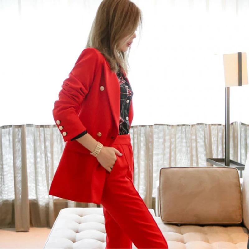 

Red Spring Autumn Fashion Turn-down Collar Female Pant Suits 2019 New Solid color Trousers Women Two-piece suit S-XXL NUW149