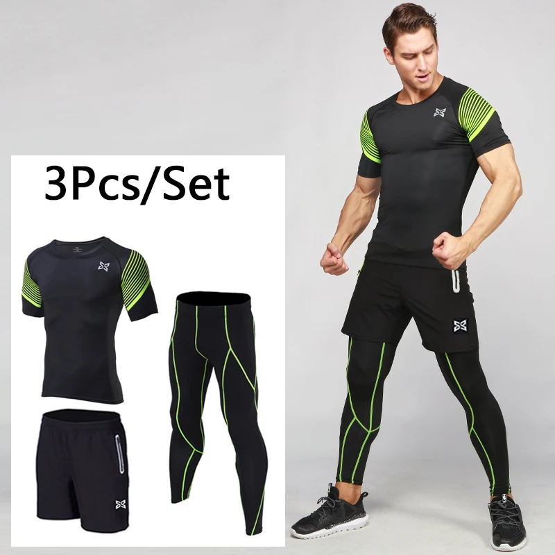 

Men Bodybuilding Clothing 3pcs Quick Dry Reflective Running Set Compression Tights Underwear Basketball Fitness Training Suit