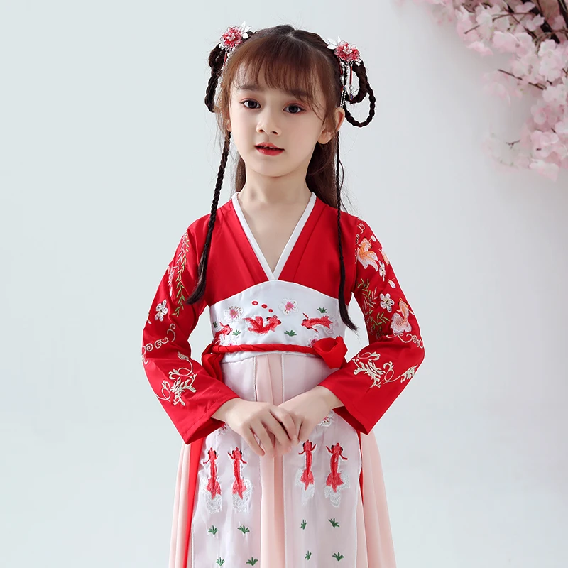 Hanfu костюмы для девочек в китайском стиле Тан костюм дети Китайский Древние Традиционные одежда народный танец платье костюм ханьфу DQL559