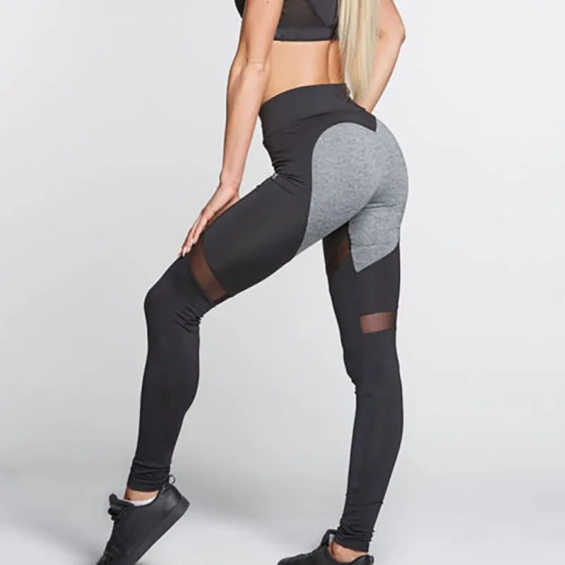 

NORMOV Fashion Womens Leggings Hjgh Waist Heart Pattern Mesh Patchwork Slim Workout Leggings Sexy Elastic Fitness Leggings