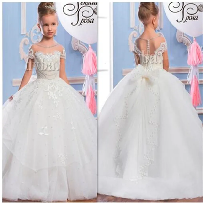 

Withe Ball Gowns with Button Bow Back Illusion Neck First Communion Dress Princess Dress Sheer Custom Made For Little GirlsLX