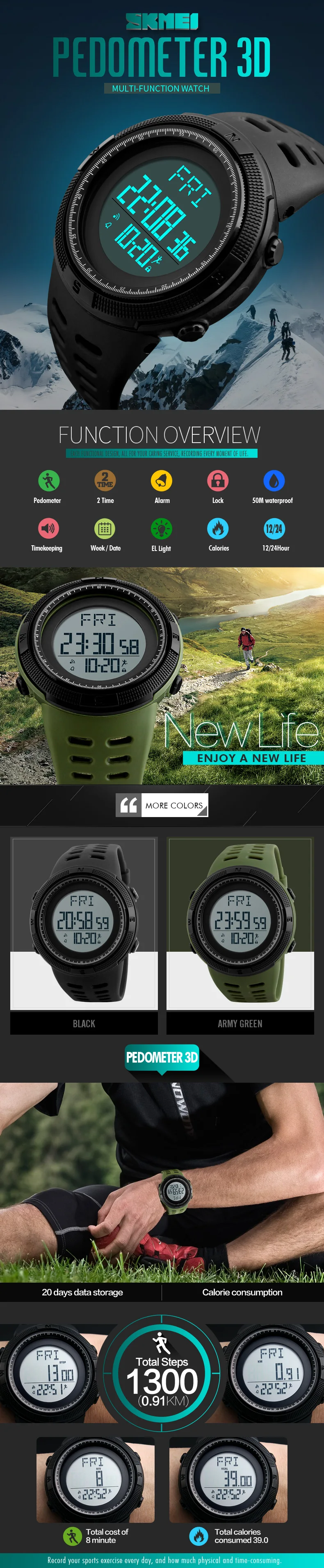 Skmei Роскошные Брендовые мужские цифровые часы 50 м водонепроницаемые спортивные часы с шагомером для бега на открытом воздухе Военные электронные наручные часы