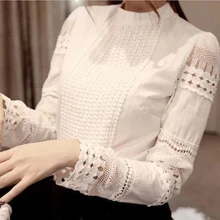 Hot 2016 High Quality Spring Autumn Women’s Long-sleeve Blouses Slim Hollow Elegant Lace Shirts White Cotton For Female TP0010