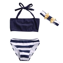 Комплект бикини в полоску с бретельками для маленьких девочек; купальник с высокой талией; повязка на голову; купальный Купальник Одежда для пляжа